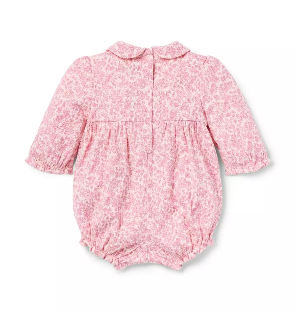 JANIE & JACK BEBE NIÑA ROMPER FLORAL SMOCKED BUBBLE M/L PINK