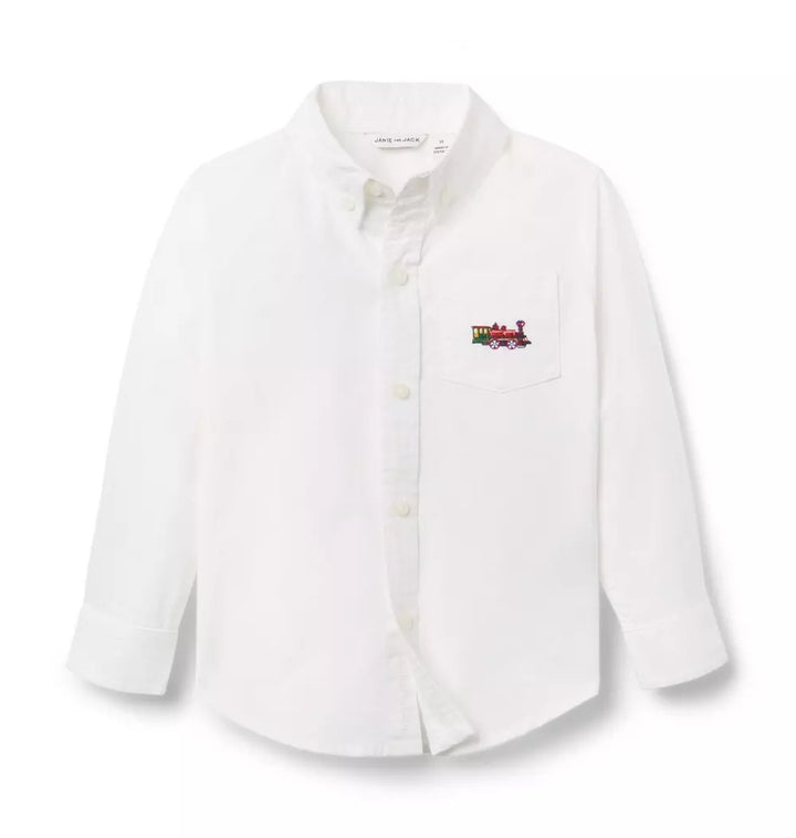 JANIE & JACK NIÑO CAMISA EMBROIDERED TRAIN OXFORD M/L WHITE