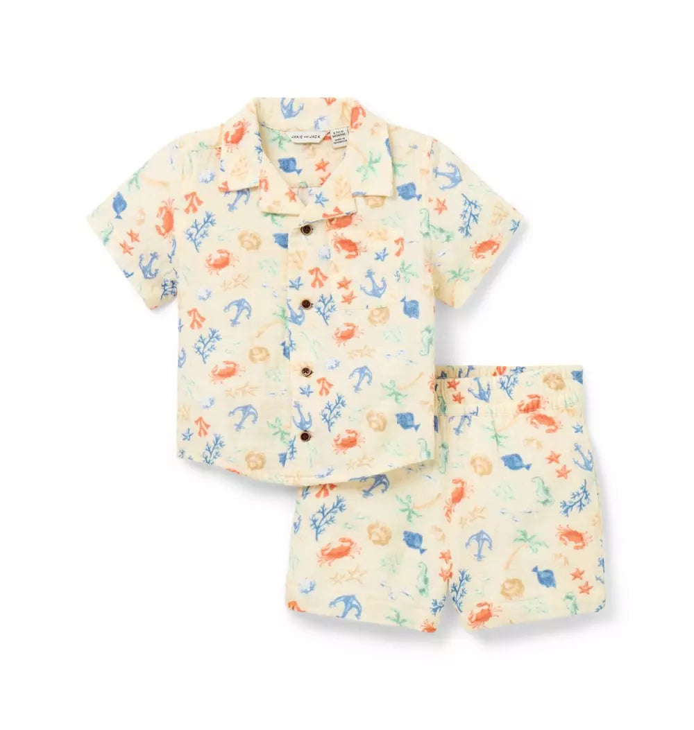 JANIE & JACK BEBE NIÑO CONJ DE SHORT SEA FRIENDS NUTMEG CREAM
