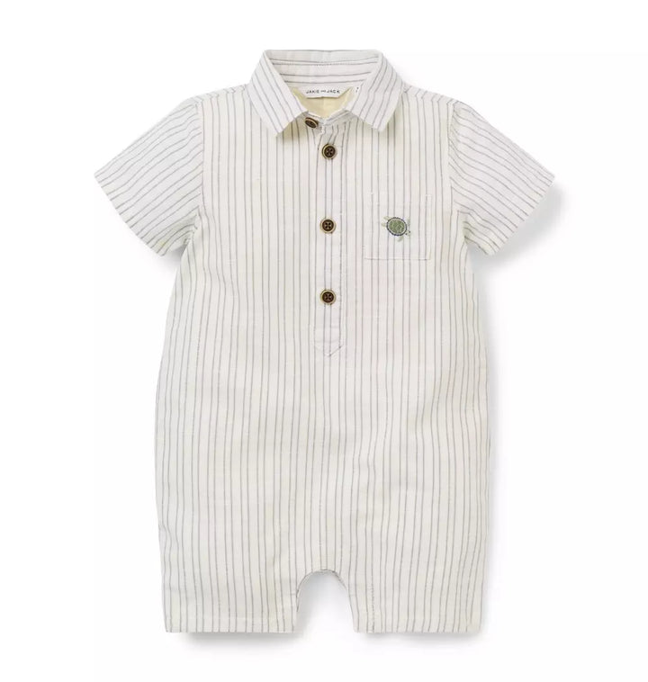 JANIE & JACK BEBE NIÑO ROMPER CREAM GREEN STRIPE TURTLE