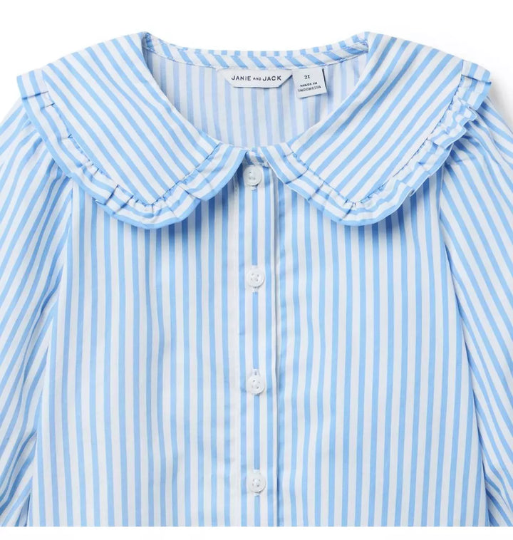 JANIE & JACK NIÑA CAMISA STRIPED RUFFLE COLLAR M/L BLUE