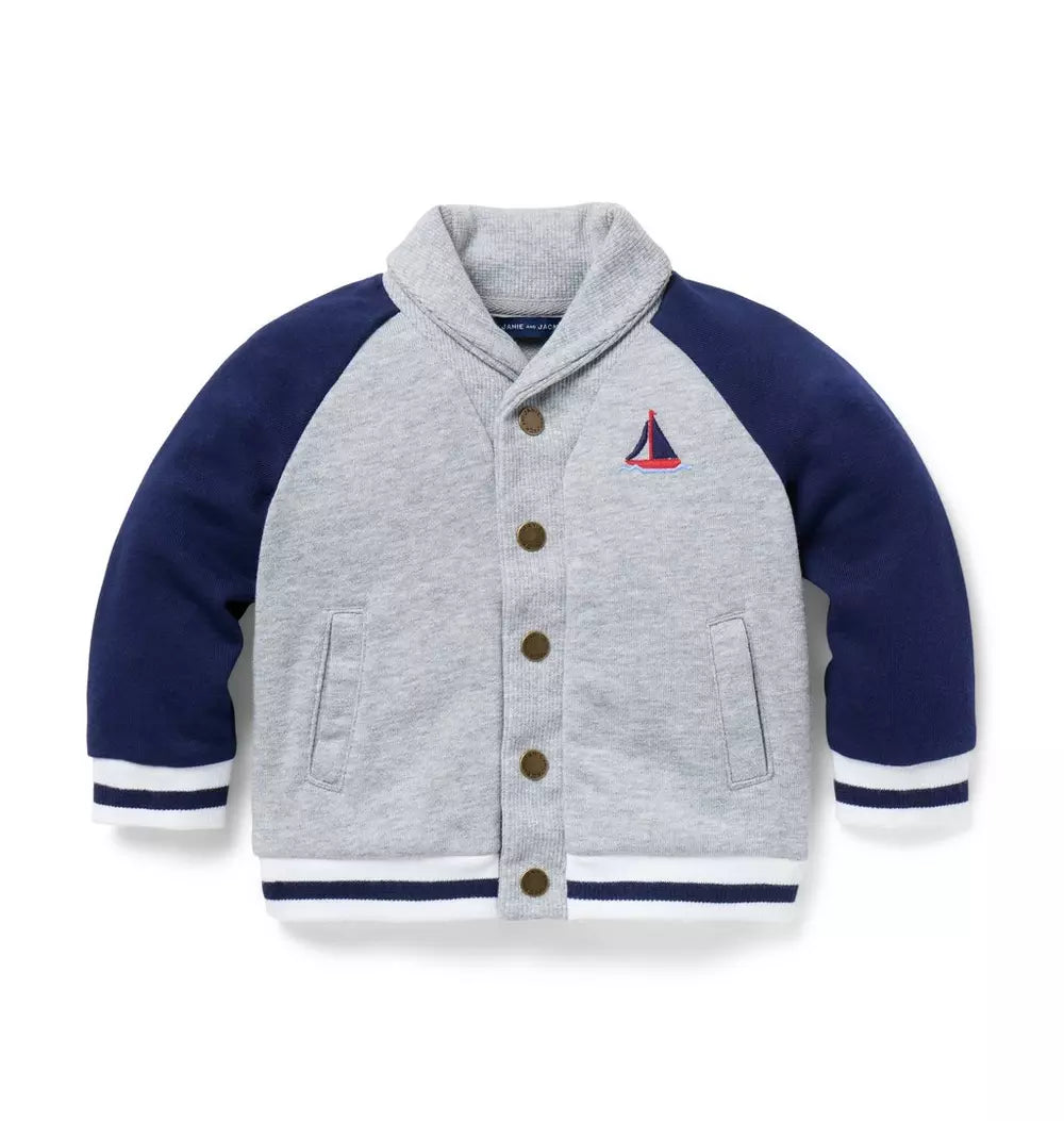 JANIE & JACK BEBE NIÑO ABRIGO SAILBOAT SHAWL COLLAR CARDIGAN NAVY/GREY