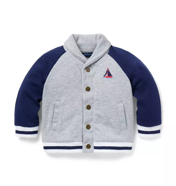 JANIE & JACK BEBE NIÑO ABRIGO SAILBOAT SHAWL COLLAR CARDIGAN NAVY/GREY