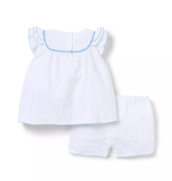 JANIE & JACK BEBE NIÑA CONJ. DE SHORT WHITE LINEN CONTRAST TRIM