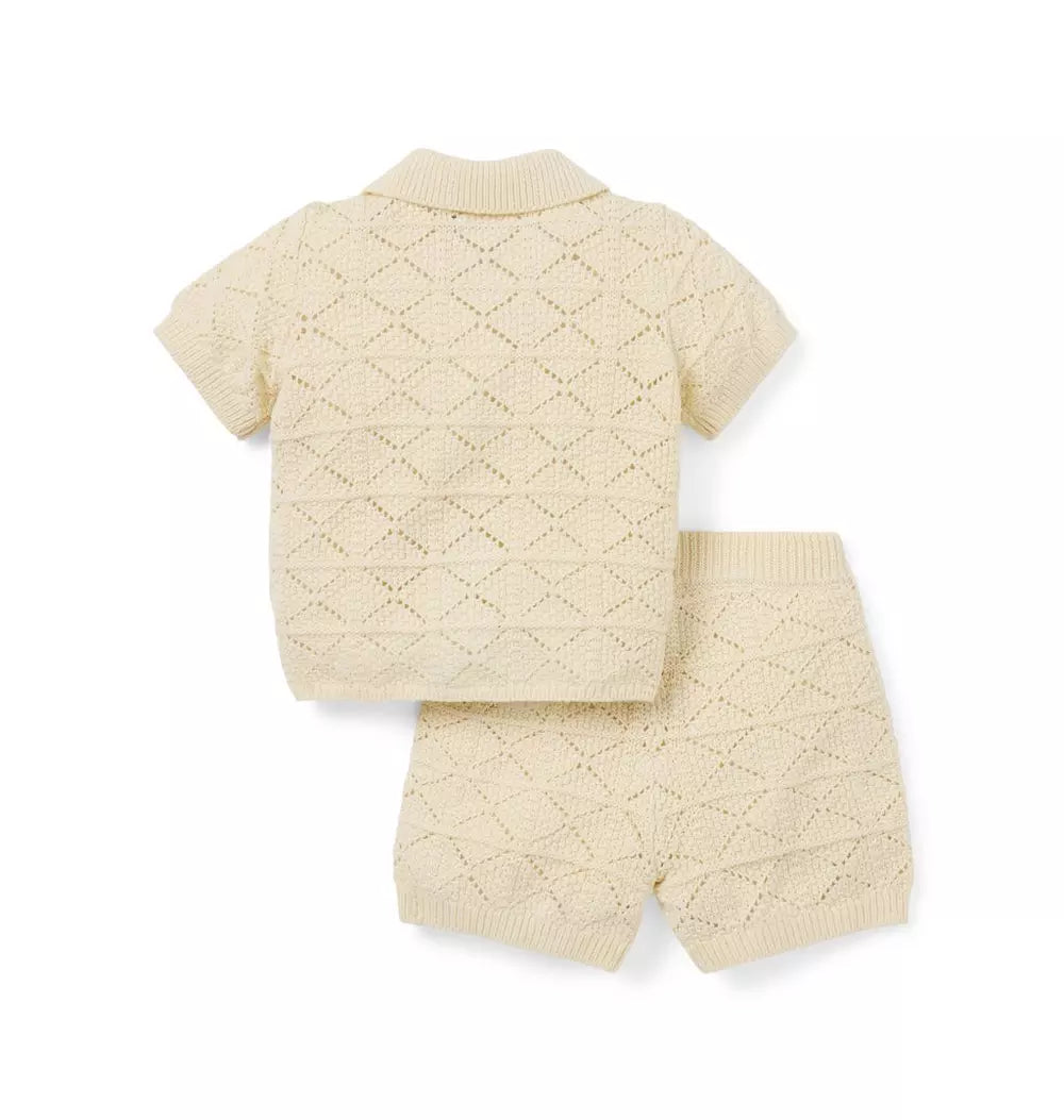 JANIE &amp; JACK BEBE NIÑO CONJ. DE SHORT CREAM CROCHET SQUARES CABANA