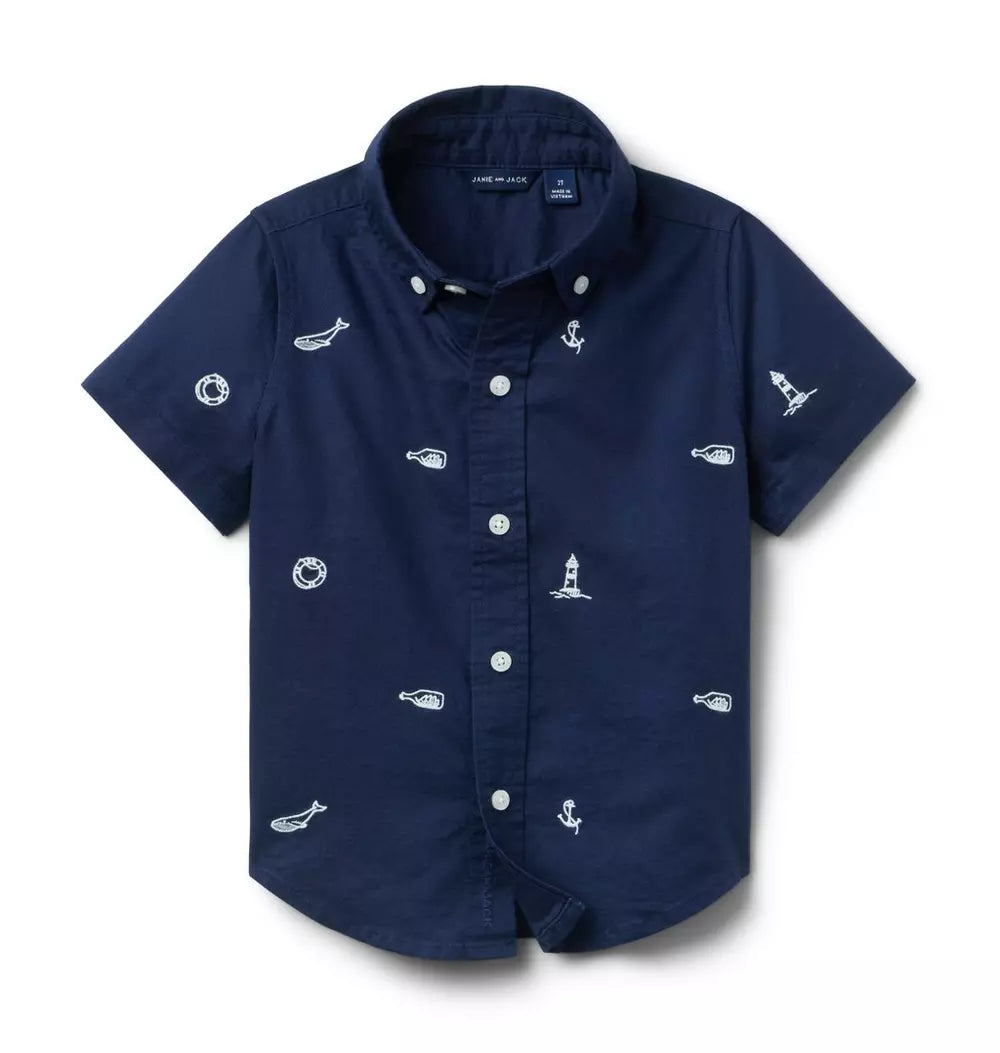 JANIE & JACK NIÑO CAMISA EMBROIDERED NAUTICAL ICON OXFORD