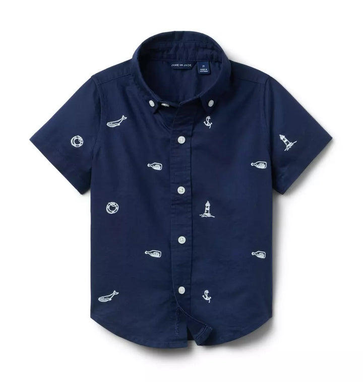 JANIE & JACK NIÑO CAMISA EMBROIDERED NAUTICAL ICON OXFORD