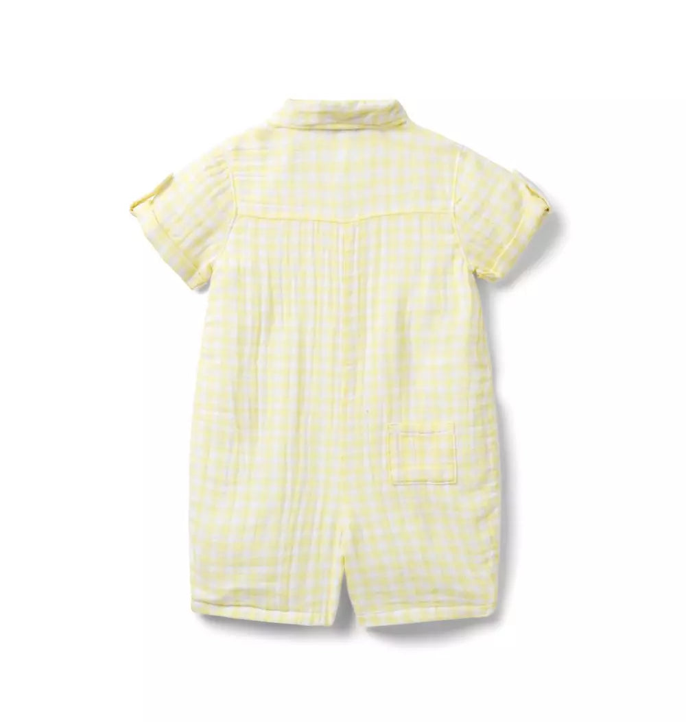 JANIE & JACK BEBE NIÑO ROMPER YELLOW GINGHAM GAUZE UTILITY