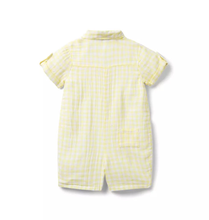 JANIE & JACK BEBE NIÑO ROMPER YELLOW GINGHAM GAUZE UTILITY