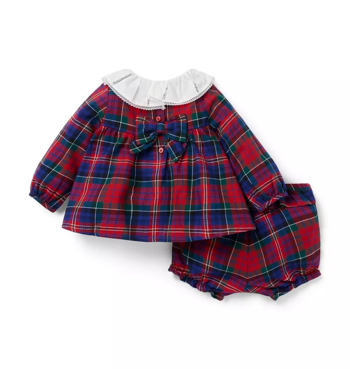 JANIE & JACK BEBE NIÑA CONJ. DE SHORT PLAID RUFFLE COLLAR M/L RED
