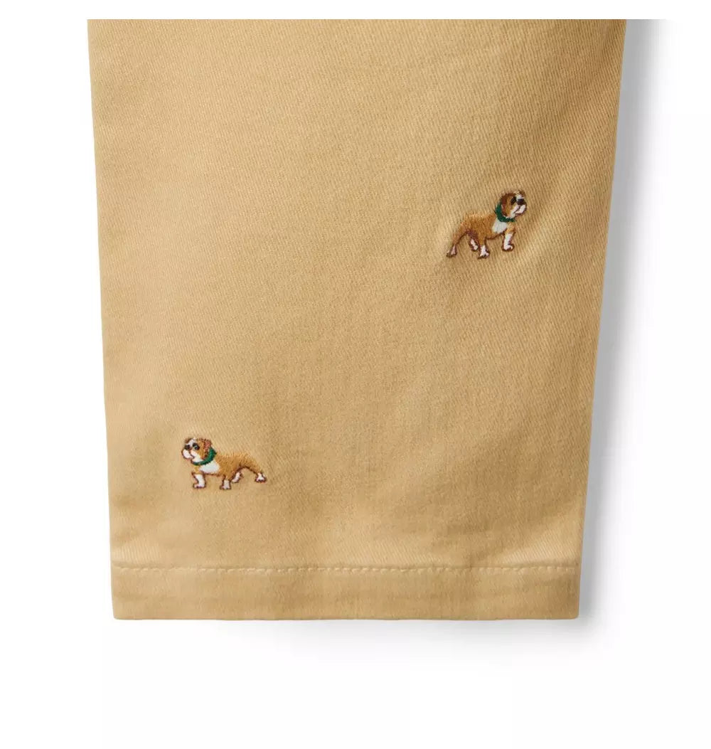 JANIE & JACK NIÑO JOGGER EMBROIDERED BULLDOG KHAKI