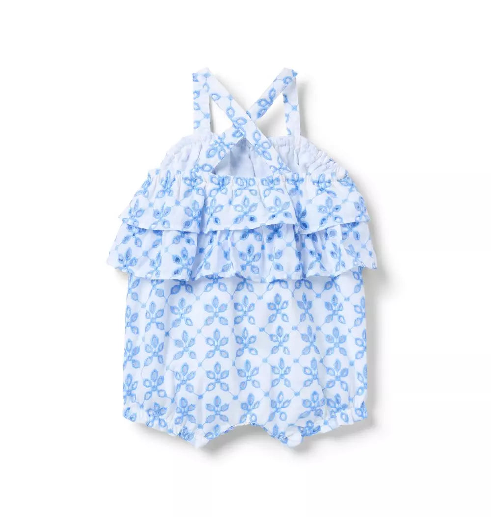 JANIE & JACK BEBE NIÑA OVEROL WHITE BLUE CONTRAST EYELET TIER BUBBLE