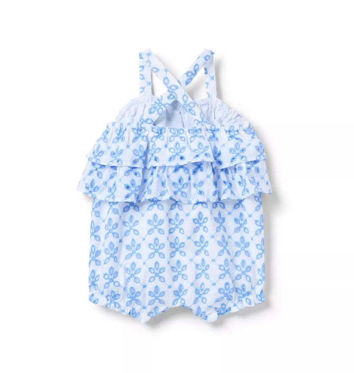 JANIE & JACK BEBE NIÑA OVEROL WHITE BLUE CONTRAST EYELET TIER BUBBLE