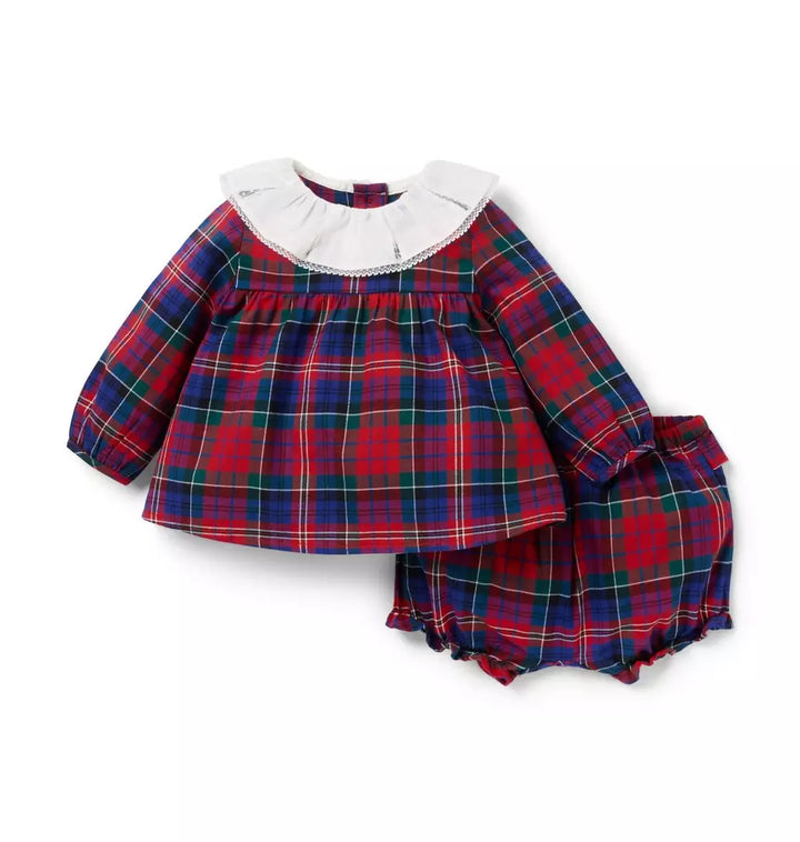 JANIE & JACK BEBE NIÑA CONJ. DE SHORT PLAID RUFFLE COLLAR M/L RED