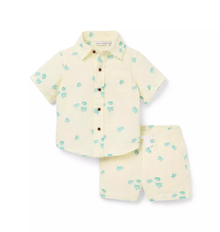 JANIE & JACK BEBE NIÑO CONJ. DE SHORT CREAM TURTLES CABANA