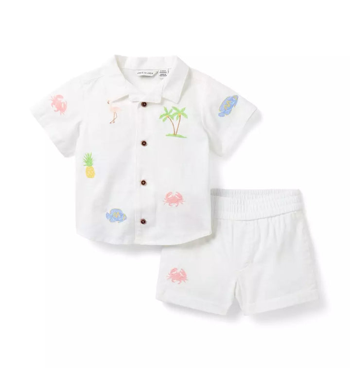 JANIE & JACK BEBE NIÑO CONJ. DE SHORT WHITE TROPICAL ICONS CABANA