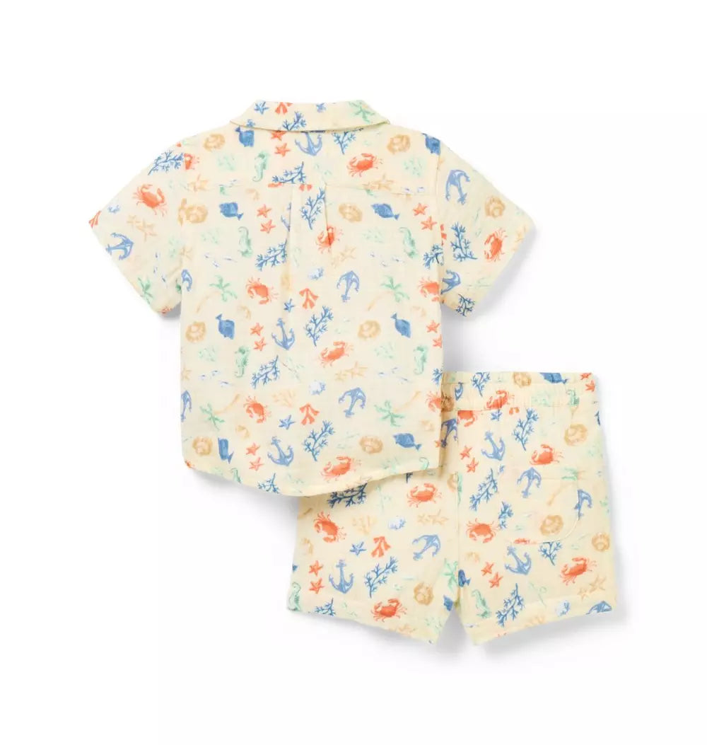 JANIE & JACK BEBE NIÑO CONJ DE SHORT SEA FRIENDS NUTMEG CREAM
