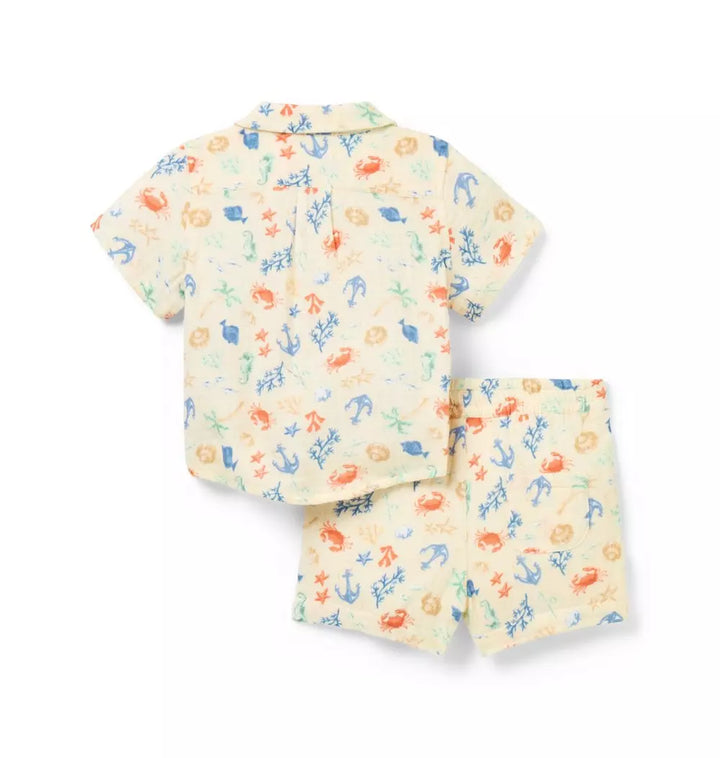 JANIE & JACK BEBE NIÑO CONJ DE SHORT SEA FRIENDS NUTMEG CREAM