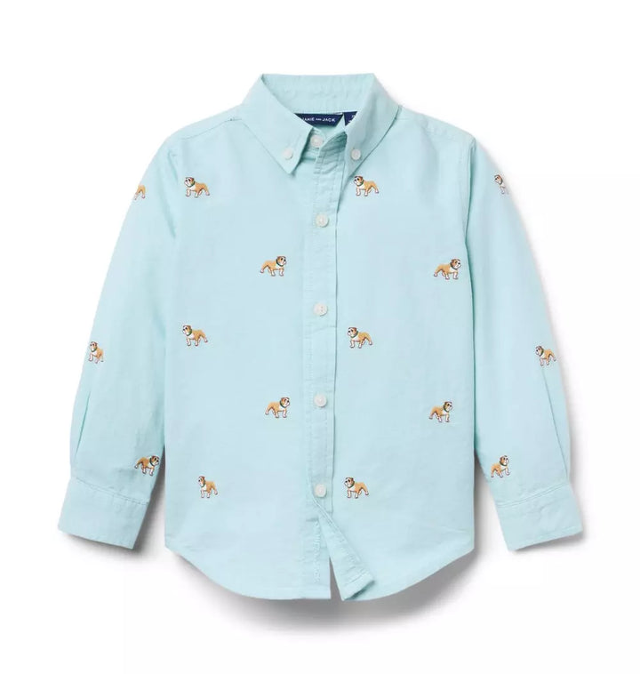 JANIE & JACK NIÑO CAMISA EMBROIDERED BULLDOG OXFORD GREEN