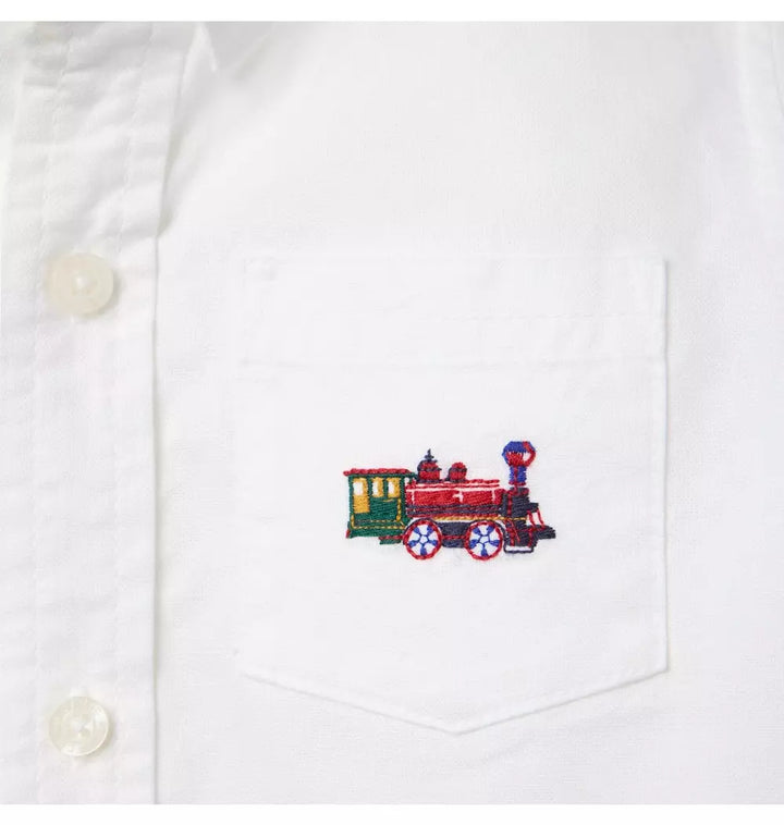 JANIE & JACK NIÑO CAMISA EMBROIDERED TRAIN OXFORD M/L WHITE