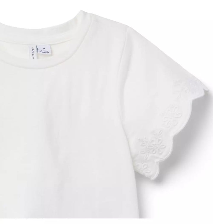 JANIE & JACK NIÑA TSHIRT EMBROIDERED EYELET TRIM M/C WHITE