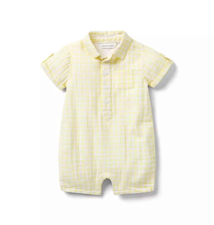 JANIE & JACK BEBE NIÑO ROMPER YELLOW GINGHAM GAUZE UTILITY