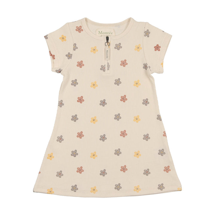 MANIERE NIÑA VESTIDO FLORAL RIBBED SHORT SLEEVE BEIGE